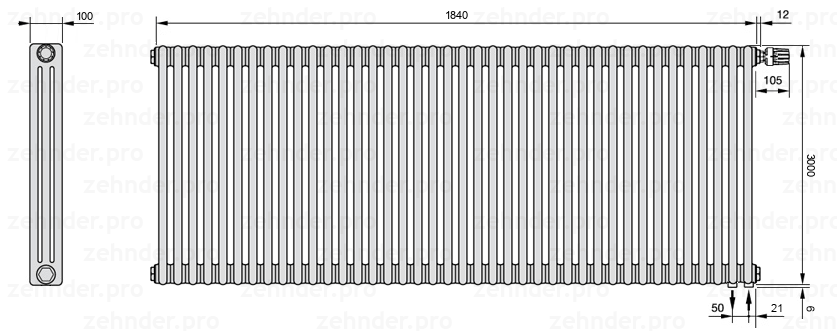 Схема (чертеж) Радиатор Zehnder Charleston 3300/40 №V002 Белый глянцевый RAL 9016